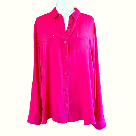 Apt 9 Hot Pink Button Up Blouse Long Roll Tab Sleeves Womens Sz XL Career Office - Picture 1 of 9